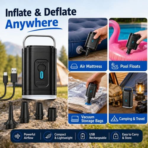 addigoes Rechargeable Type-C Air Pump - Portable Inflator &amp; Deflator for Air Mattress, Pool Floats, Vacuum Storage Bags, Camping