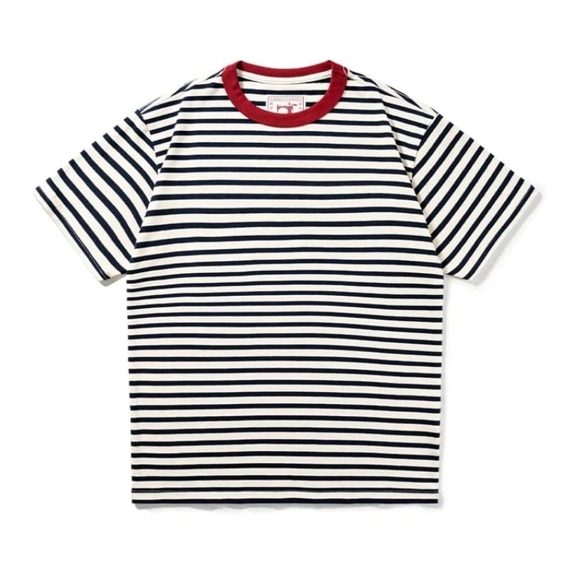 Summer New 100% Cotton Striped Base Tee Men American Retro Contrast Color Short Sleeve T Shirt Couple Matching Casual Tops — image 1