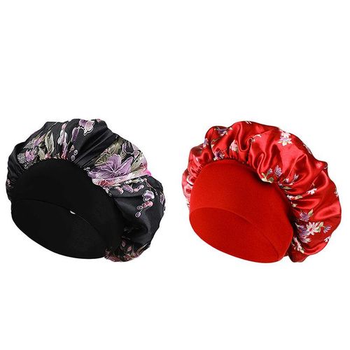 2 Piece/Set of Women's Printed Nightcap Shower Cap - Black/Red