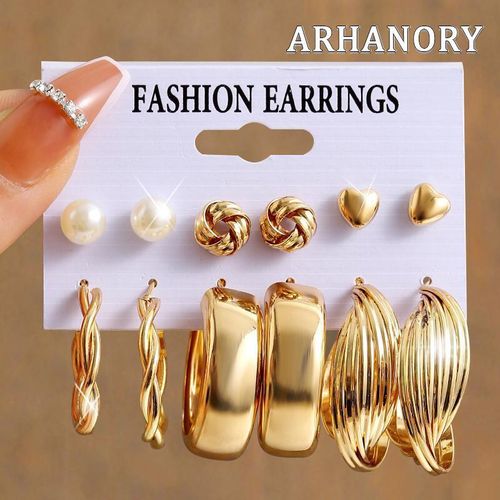 ARHANORY 6 Pairs Combo Set Stylish Western Hoop Earrings Vintage Pearl for Women Girl