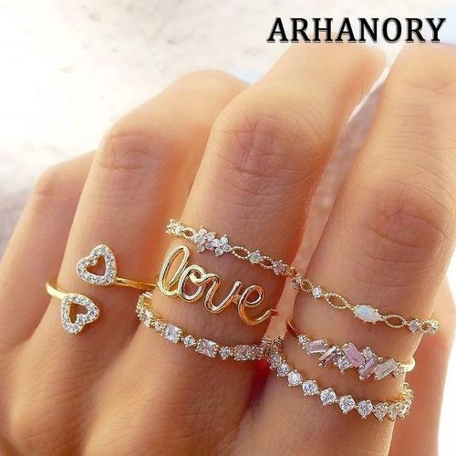ARHANORY 7pcs Golden Letter Love Rhinestone Joint Ring Set For Women Jewelry Stacking Rings